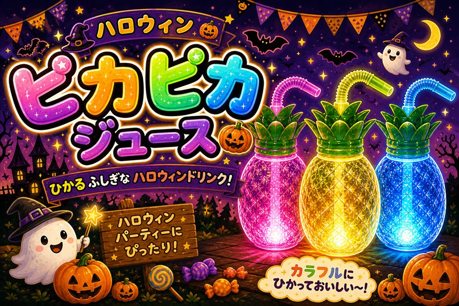 ハロウィンピカピカジュース。ひかるふしぎなハロウィンドリンク！カラフルにひかっておいしい