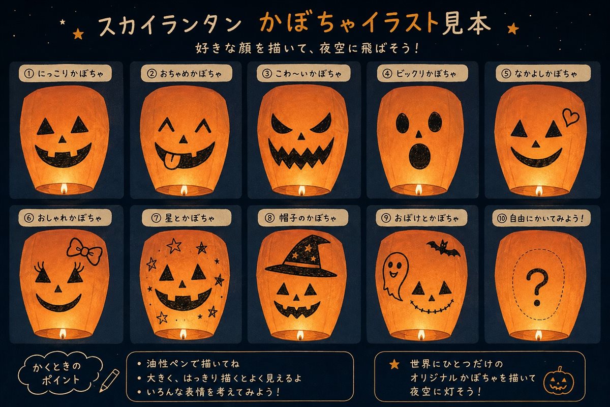 スカイランタン かぼちゃイラスト見本 10種類。にっこりかぼちゃ、おちゃめかぼちゃ、こわーいかぼちゃなど